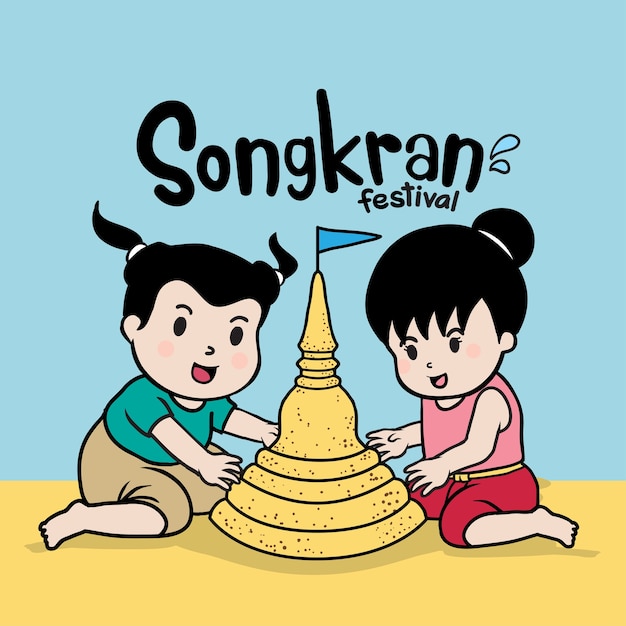 Child forming sand pagodas cartoon