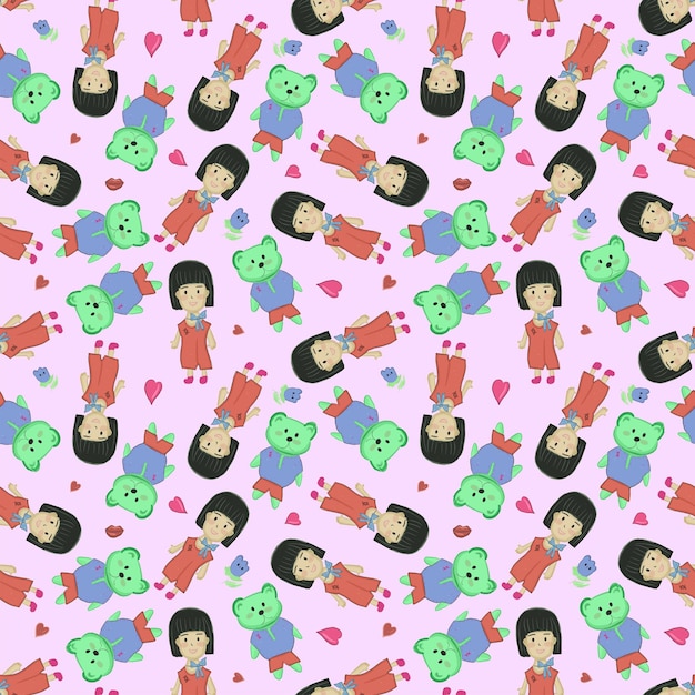 Child girl and bear cute cartoon seamless pattern