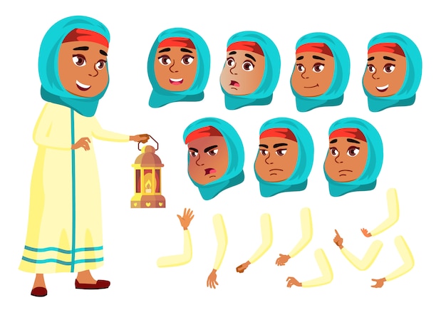 Child girl character. Arab. Creation constructor for animation. Face emotions, hands.