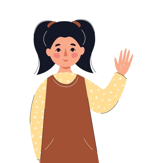 Child girl saying hi and waving with hand. Concept of online preschool education, communication