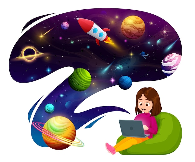 Child girl sitting on bag chair with laptop and dreaming about space discovery cartoon vector Kid girl study outer space and dream of astronaut rocket spaceflight to extraterrestrial planets