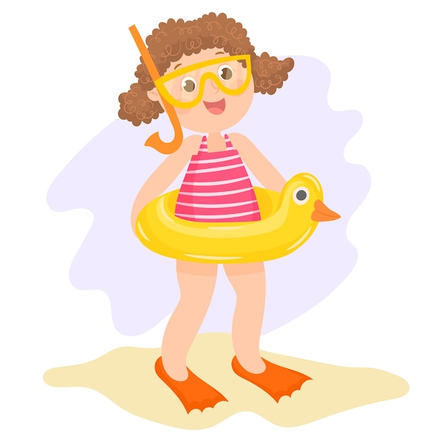 Child girl in swimming suit with Duck shaped inflatable ring