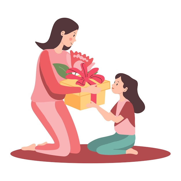 The child gives his mother gift Vector cartoon illustration for Mother's Day or birthday