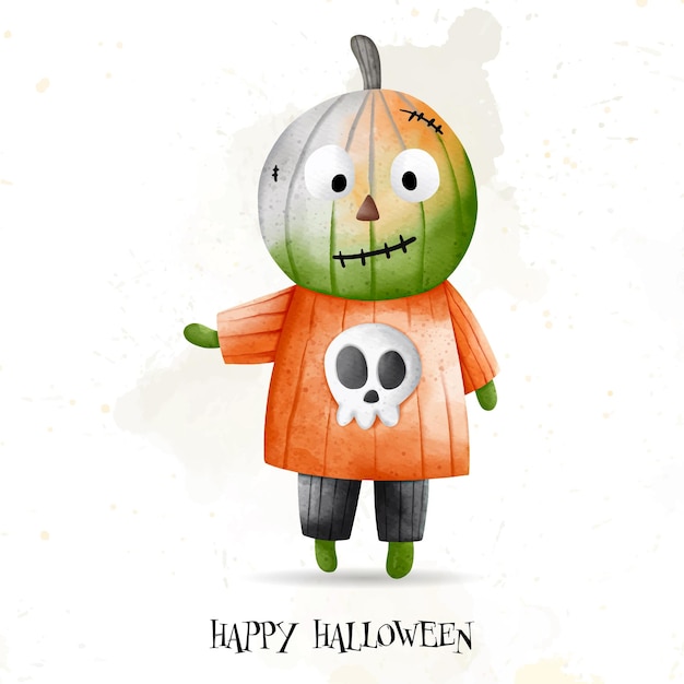 Child in Halloween Pumpkin costume Happy Halloween watercolor vector illustrationxDxA