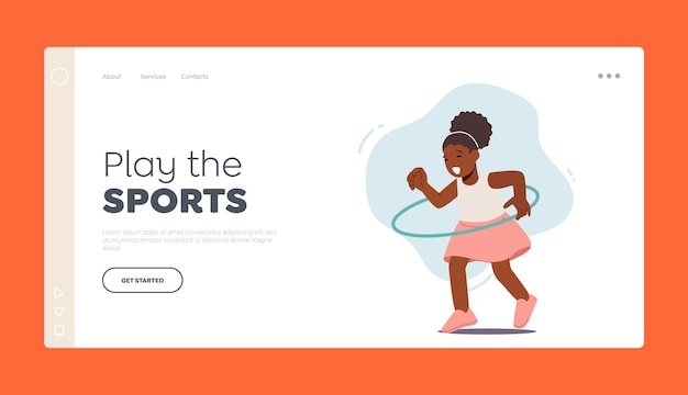 Child Happy Recreation Sport Landing Page Template Funny African Girl Playing with Hula Hoop Kid Rolling Ring