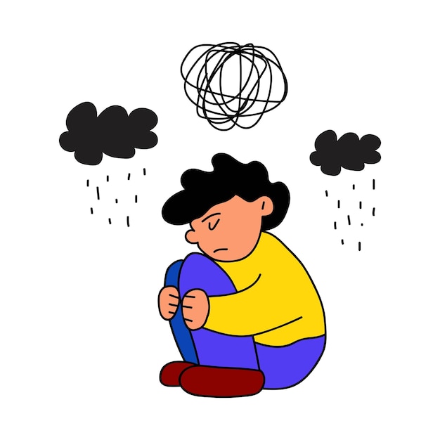 Child having mental problems sit on the floor alone Illustration on white background