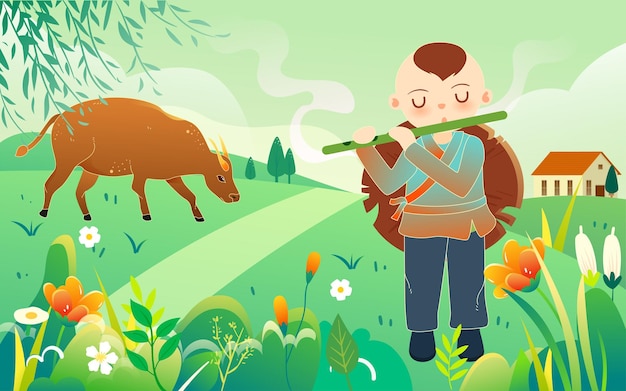 Child herding cow is playing the flute with cows and grass in the background vector illustration