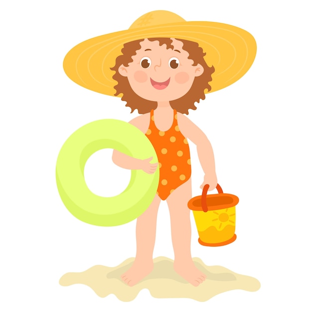 Child hold beach accessory. Happy girl in straw hat and inflatable doughnut ring.