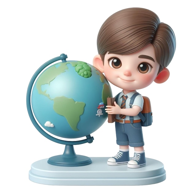 Child holding globe earth day cartoon 3d render illustration