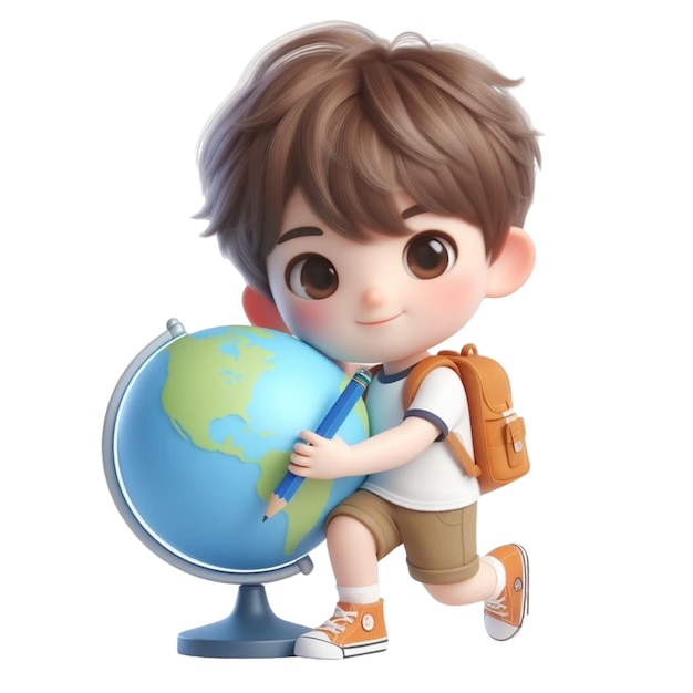 Child holding globe earth day cartoon 3d render illustration