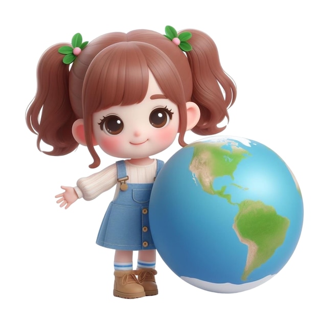 Child holding globe earth day cartoon 3d render illustration