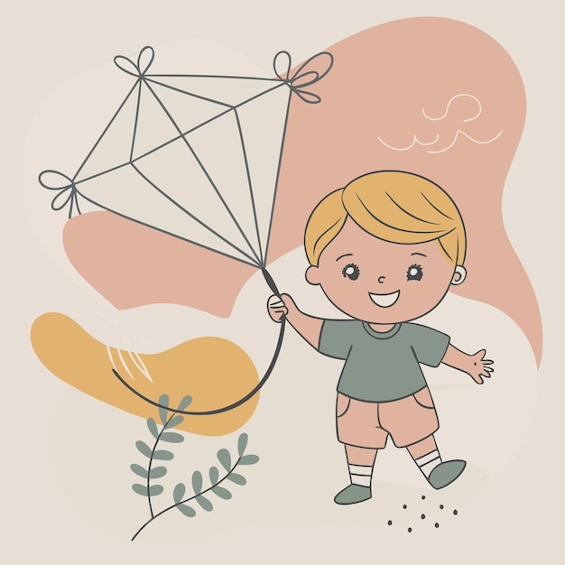 Vector a child holding a kite with a picture of a little boy and a dog