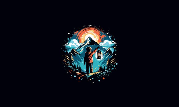 Vector child holding lantern on mountain vector artwork design