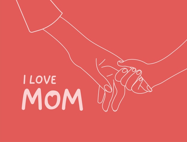 Child Holding Mother's hand Pink line art drawing style on red background