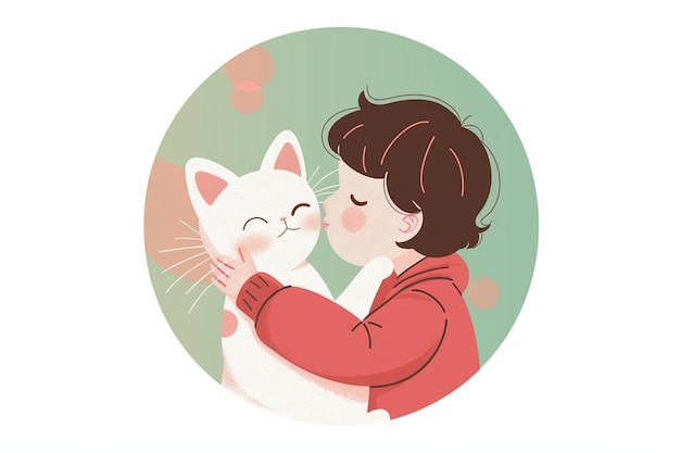 Vector child holding white cat close