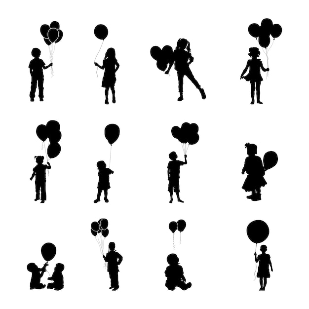 Child holdings balloons silhouettes, Kids holdings balloons silhouettes V02.