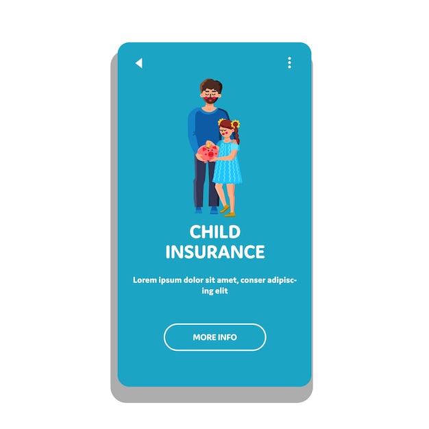 Child Insurance Family Economy Strategy Vector. Father Man With Daughter Girl Adding Coin Money In Piggybank For Future Financial Insurance. Characters Finance Plan Web Flat Cartoon Illustration