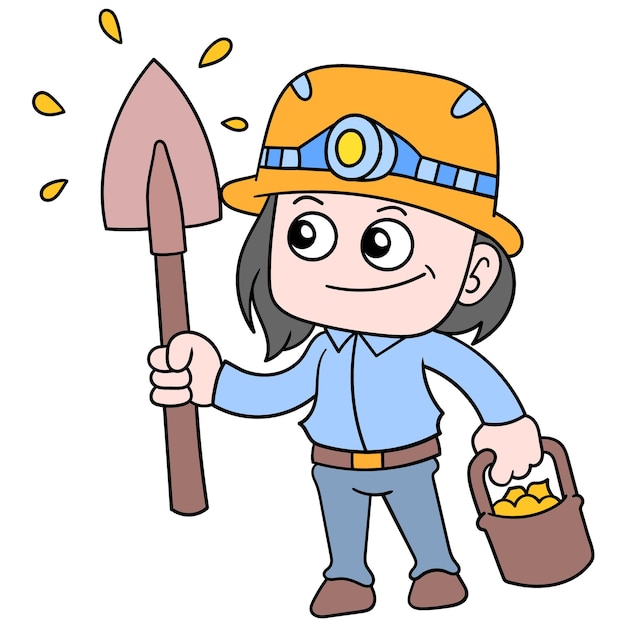 The child is wearing a gold mining project outfit in abundance, vector illustration art. doodle icon image kawaii.