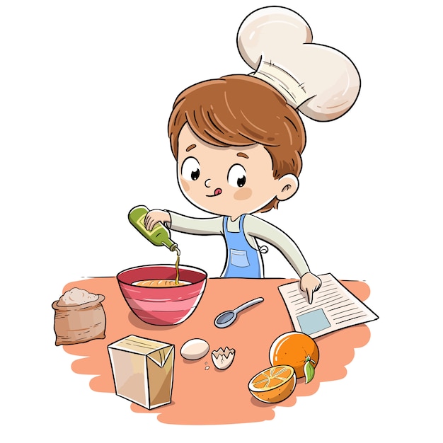 Child in the kitchen making a recipe with a chef's hat