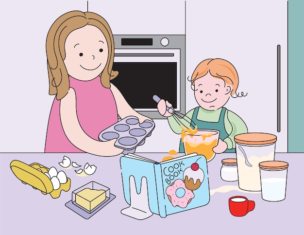 Child learn to cook cupcakes with mom help in the kitchen