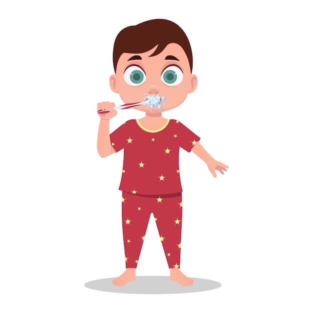 A child in pajamas brushes his teeth. Vector illustration