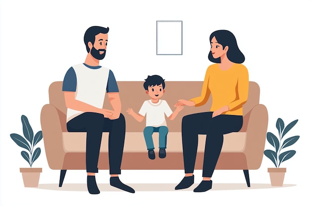 Vector child parents sitting couch talking