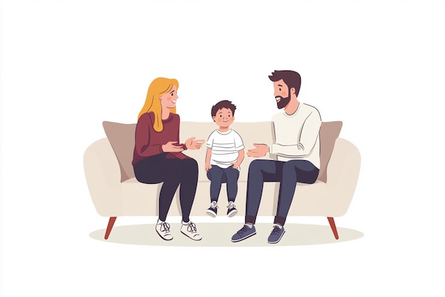 Vector child parents sitting couch talking