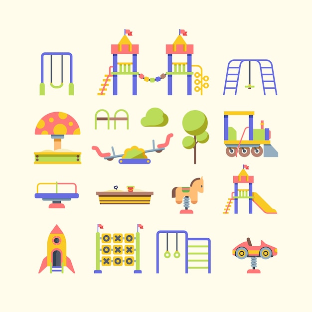 Child playground equipment flat vector illustrations set