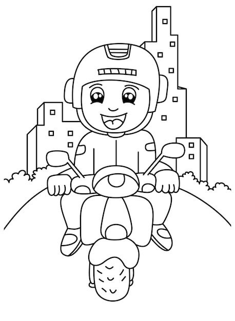 child playing motorbike cartoon cute coloring page for kids vector