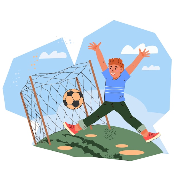 Child playing soccer or football kicking the ball into the goal flat vector isolated