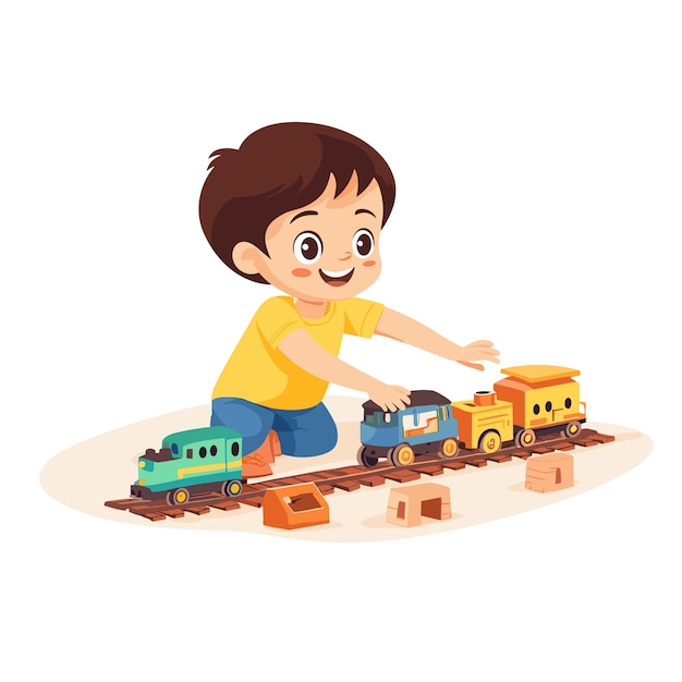 A child playing with a toy train set on the floor