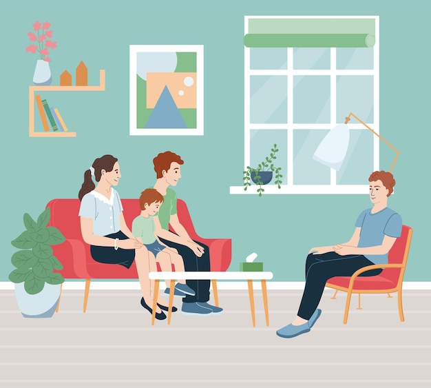 Vector child psychologist flat concept with family consultation scene vector illustration