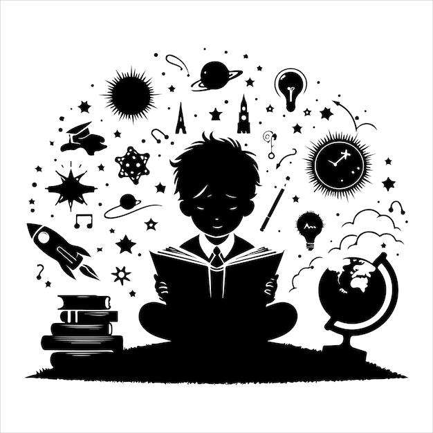 A child reading book vector silhouette vector illustration