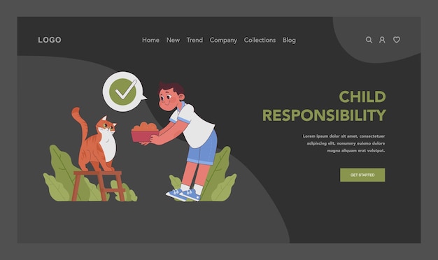 Vector child responsibility concept a cheerful boy feeds his pet cat showcasing early pet care learning