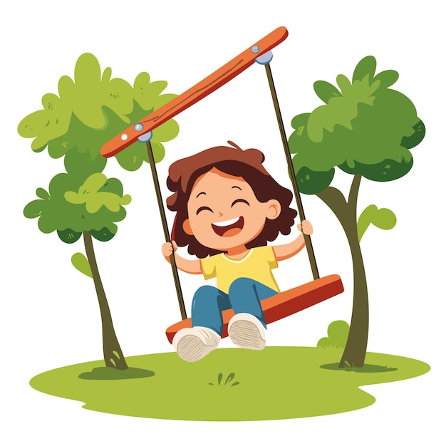 A child riding a swing in a park laughing