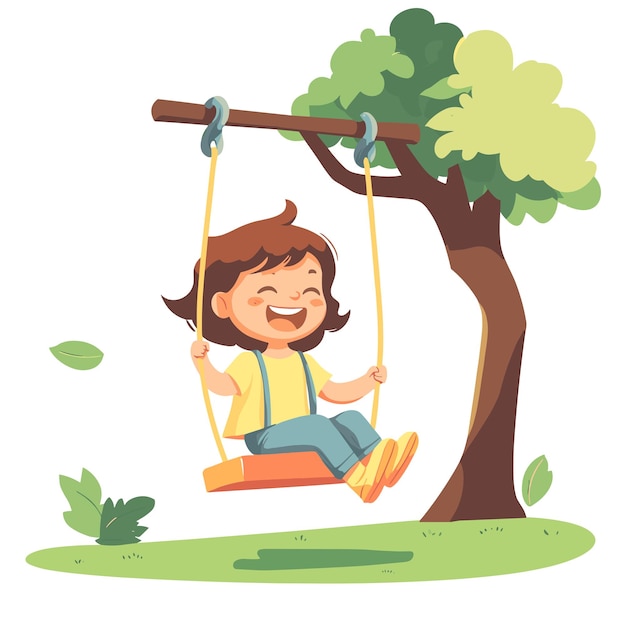 A child riding a swing in a park laughing