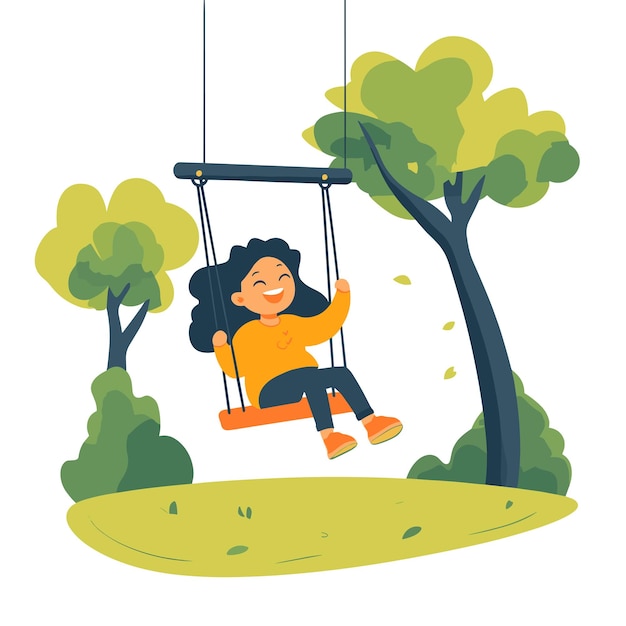 A child riding a swing in a park laughing