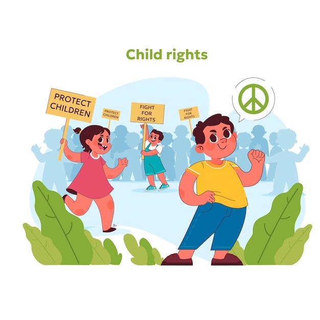 Vector child rights concept kids of various ages rallying for protection and peace young boys and girls