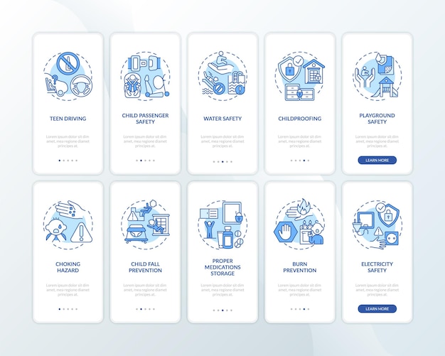 Child safety blue onboarding mobile app page screen with concepts set