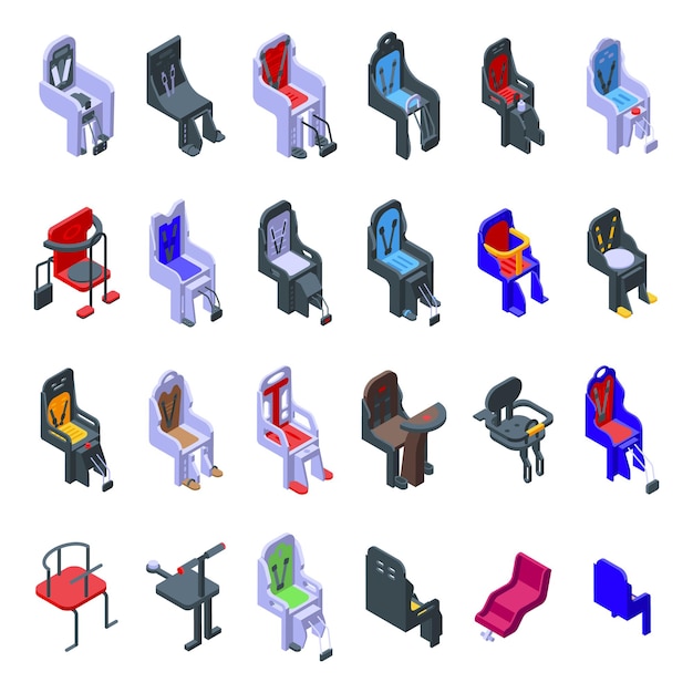 Child seat bike icons set. Isometric set of child seat bike  icons for web  