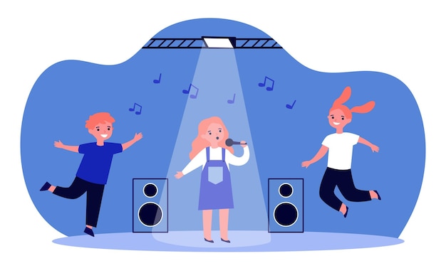 Child singer singing song on karaoke fun party. Cute children dancing to music on stage flat vector illustration. Entertainment, childhood concept for banner, website design or landing web page