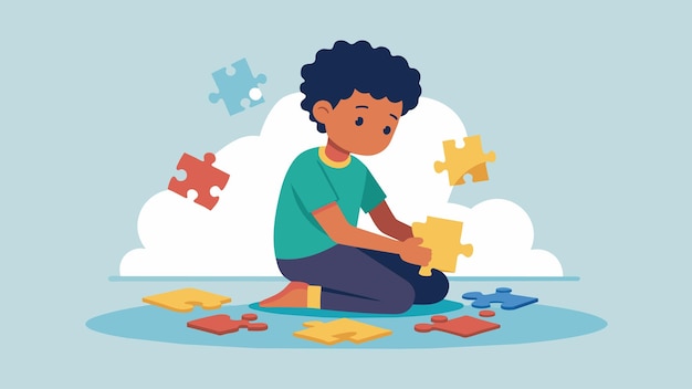 A child sitting on the floor surrounded by a variety of different puzzle pieces determined to