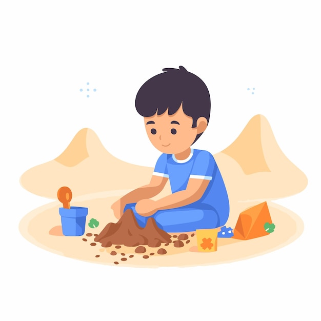 Child sitting in the sandbox playing with sand using sand toys Vector illustration