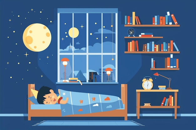 Child Sleeping in His Bed Vector Illustration