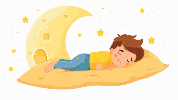 Vector a child sleeping on a pillow under a crescent moon