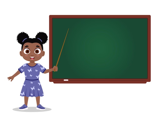 The child stands with a pointer near the blackboard. Vector illustration