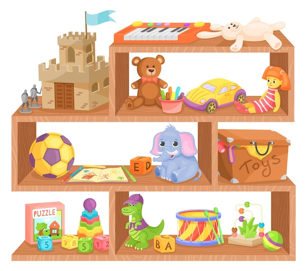 Child toys on wooden shelves Kid play store