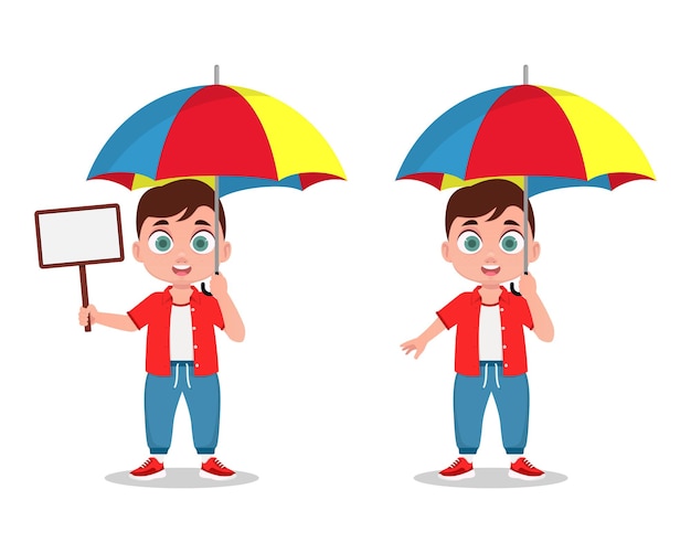 A child under an umbrella, a sign in his hand. Vector illustration