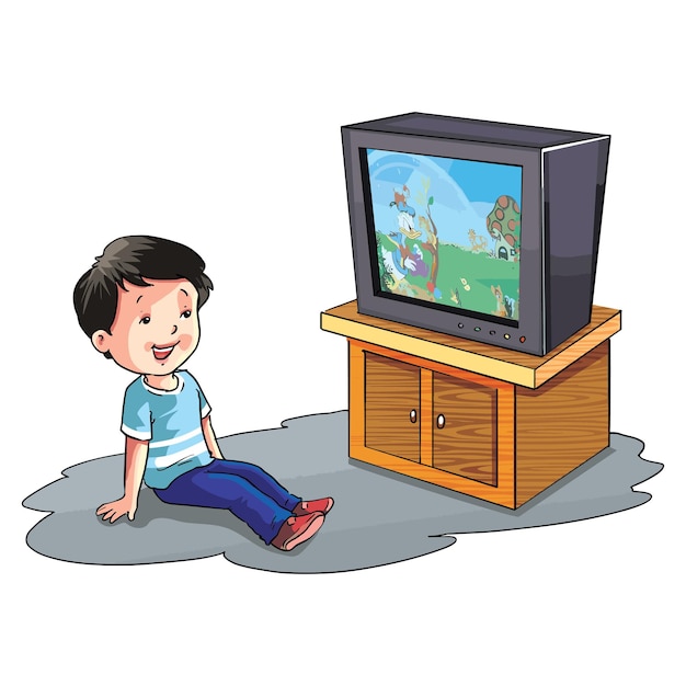 A child watching TV isolated on white background