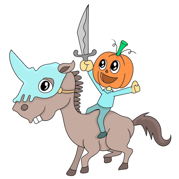 A child wearing a pumpkin costume riding a horse as a knight. cartoon illustration sticker emoticon